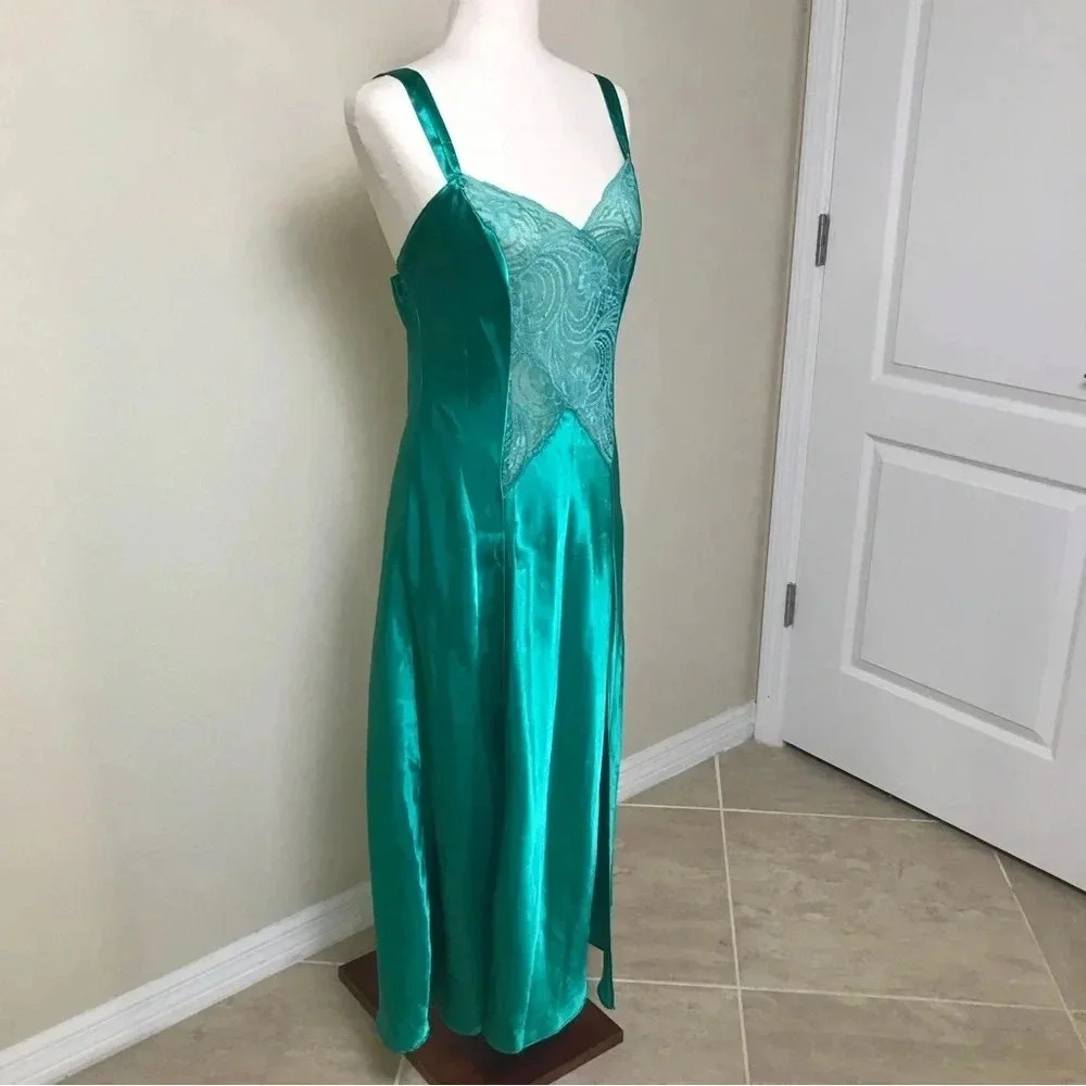 Victoria’s Secret VINTAGE GOLD LABEL Satin Lace Maxi Slip Dress Size Small Green - Picture 7 of 16